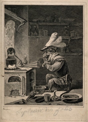 An monkey-alchemist pumps a bellows in a laboratory; alluding to the vanity of alchemy. Engraving by J.P. Le Bas after D. Teniers II, c. 1650.