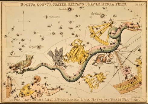 An 1825 illustration depicts Hydra, Corvus, Crater, and surrounding constellations.