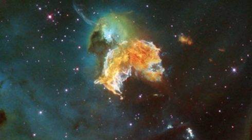 The remains of a once-explosive supernova illuminate part of a nearby galaxy in this image taken by the Hubble Space Telescope.<br />Credit: NASA/ESA/HEIC/Hubble Heritage Team